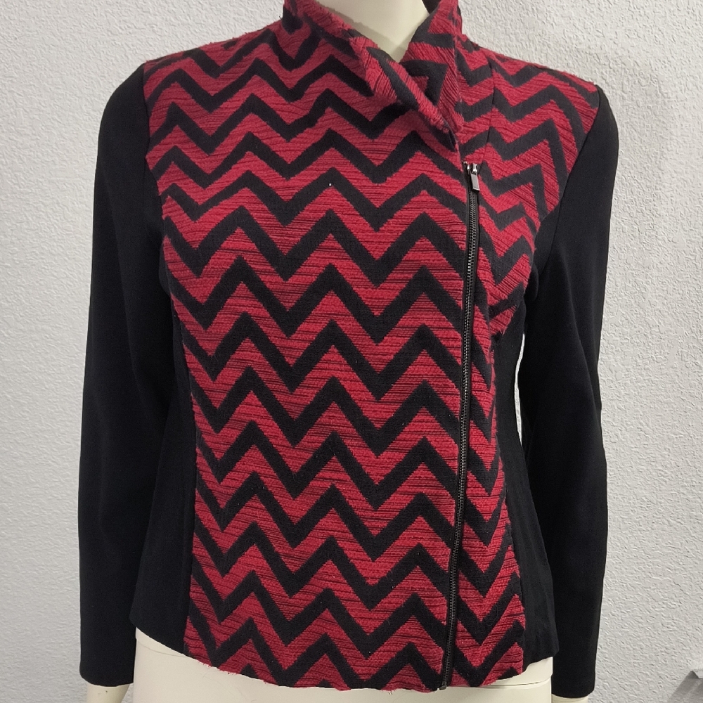 Chico's Red & Black Chevron Moto Jacket Zip Knit Career Casual Size 2 (L)